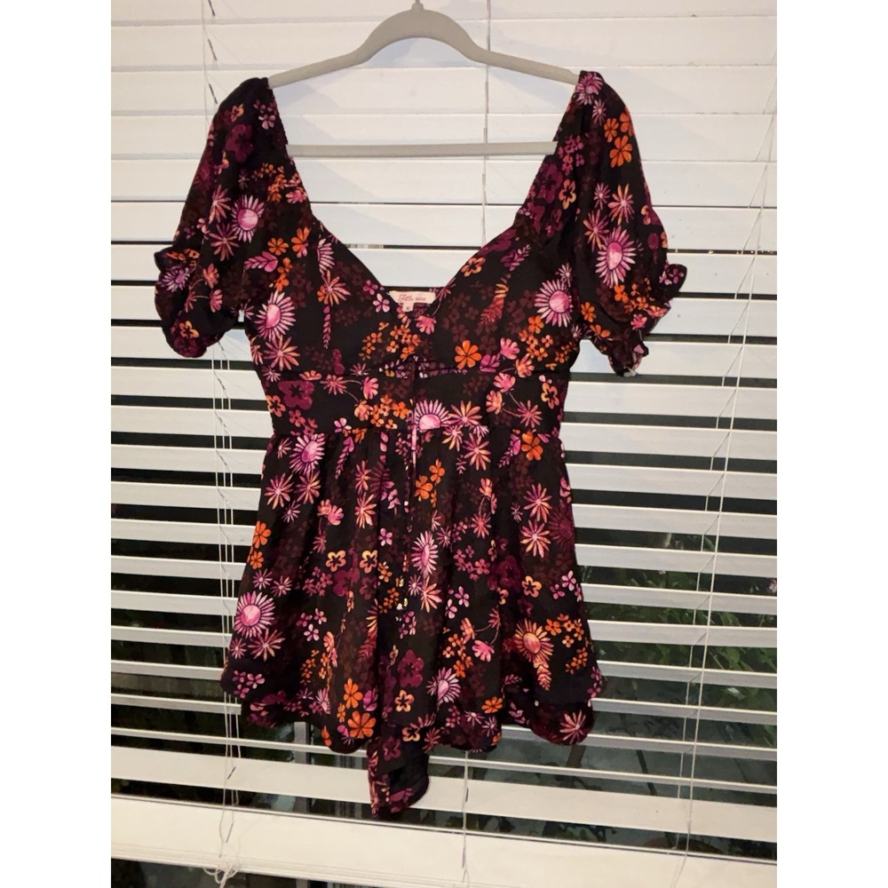 Grille Rose Romper Floral Print Ruffle Dress Medium